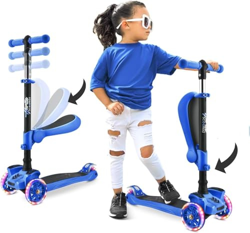 Hurtle 3-Rad-Roller für Kinder - 2-in-1-Kleinkinder-Roller, sitzend/stehend mit Klappsitz, höhenverstellbar, breite Brücke, Blinker, für 1-jährige Jungen/Mädchen HURFS56 (Blau)