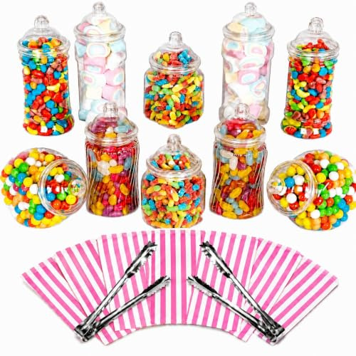 Truly Sweet Candy 10 Plastic Sweet Jars, 5 styles, 2 tongs, 50 bags Buffet (Pink)