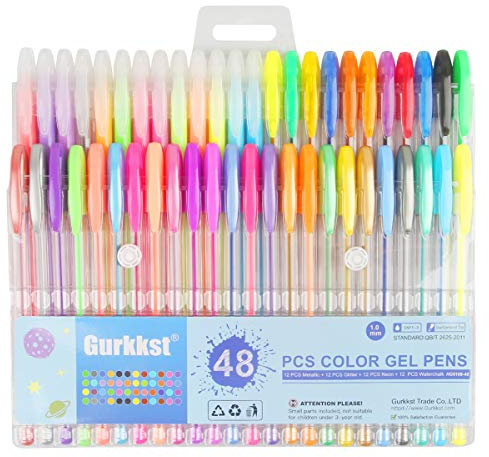 Gurkkst 48 Pcs Color Gel Ink Pens Set 1.0mm Tip Range The Best Gel Pens Drawing Writing and Colouring Books (12 Metallic 12 Glitter 12 Neon 12 Water Chalk)