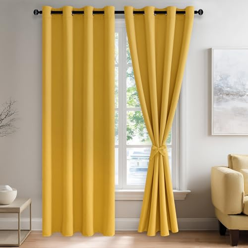 JIUZHEN Verdunkelungsvorhänge mit Raffhaltern, wärmeisoliert, lichtblockierend und geräuschreduzierend, Ösenvorhang für Schlafzimmer und Wohnzimmer, 2er Set Paneele, Gelb, 132 x 213 cm Länge