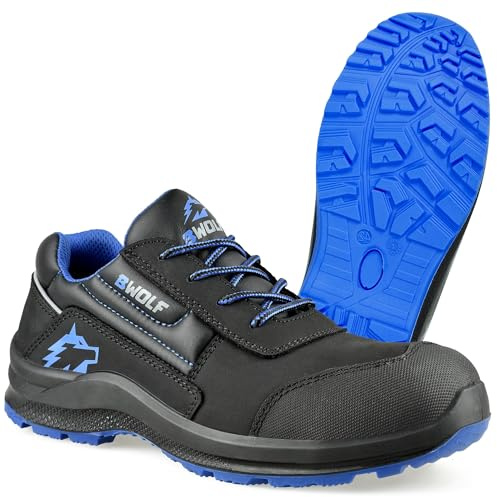 BWOLF Spire Scarpe da Lavoro da Uomo S3 Scarpe Antinfortunistiche Uomo S3 Impermeabili, Resistenti all'olio, Antiscivolo con Tecnologia 4x4 Grip con Suola Intercambiabile ergonomica, Blu/Nero, 43 EU