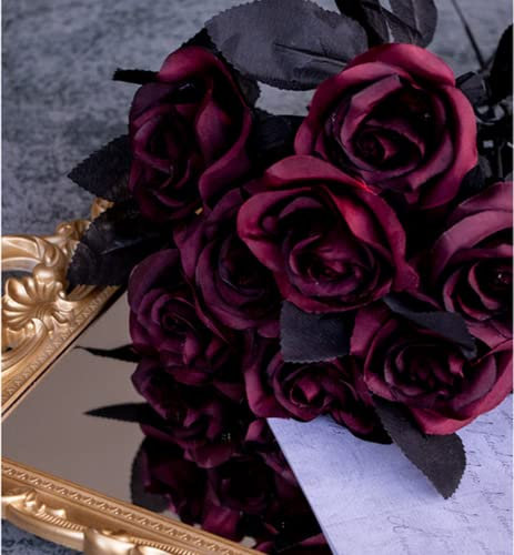 NatureMan Lot de 10 roses artificielles noires à tige unique en soie réaliste pour décoration de fête, bouquet de mariage, décoration d'Halloween (rouge vin)