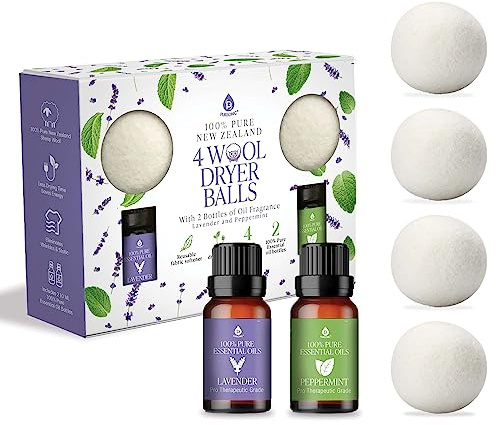 Pursonic 4-Pack Laundry Wool Dryer Balls with Lavender & Peppermint Essential Oil Scent - Reusable Fabric Softener Balls Made from Pure New Zealand Wool - 2.75 Diameter