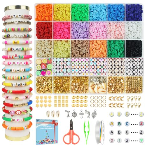 Fournine 5300 Pcs Clay Beads Friendship Bracelet Making Kit | Preppy Flat Polymer Heishi Beads for Jewellery Making Kit, with Charms DIY Craft Gifts for Teen Girls