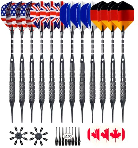 Wolftop 12 Pack Soft Tip Darts - Plastic Tip Darts 18 Grams with 100 Extra Dart Tips, 15 Flights, Dart Flight Protector, Aluminum Shafts and Rubber O-Rings