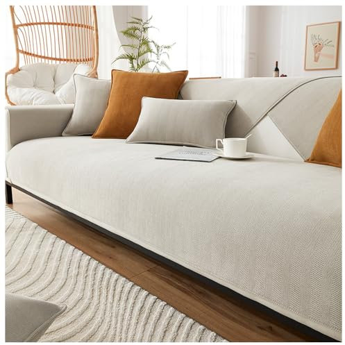NUODWELL Sofabezug mit Fischgrätenmuster, Chenille, 1/2/3/4 Sitzer, Möbelschutz Couchbezug, universal, rutschfest, L-Form, Couchbezug, gesteppte Eckenschonbezüge für Wohnzimmer (Beige, 90 x 160 cm)