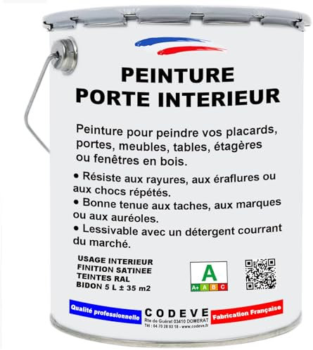 Peinture Porte Interieur - Codeve Bois/Ral 9010 - Blanc Pur - 5 L - Intérieur - Pour La Décoration De Votre Porte En Pin, Sapin, Frêne Ou Chêne.