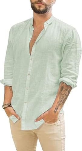 Runcati Camisa de lino para hombre, manga larga, para verano, playa, informal, corte regular, para el tiempo libre