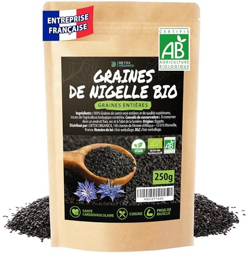 DETOX ORGANICA Graine de Nigelle - Graine de Nigelle Bio - Cumin Noir - 250g de Graines de Nigelle d'Egypte - Véritable Cumin Noir Alimentaire Certifié Pur et d'Agriculture Biologique (250g)