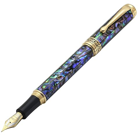Xezo Stylo Plume Maestro, plume extra-fine (trait de 0.3mm), série Cadeau d'écriture Paua Abalone plaqué or 18K, fait main, sérialisé. Chaque stylo est unique