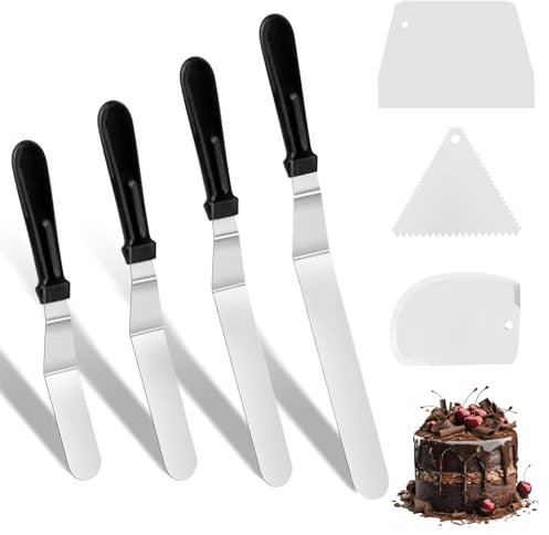 RAFIYU 7 Stück Streichpaletten Set, 4 Glasurspatel und 3 Teigschaber Kunststoff, Winkelpalette Torte Edelstahl, Tortenspachtel für Verteilen von Sahne und Dekorieren Kuchen Gebäck(15cm 20cm 25cm 30cm)