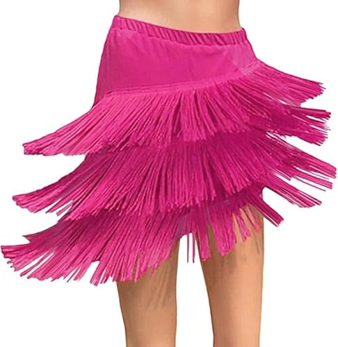 Faldas de baile con flecos para mujer, falda latina para salsa, falda tango para Halloween, rave, mini falda de baile, rosa rojo, XL/XXL