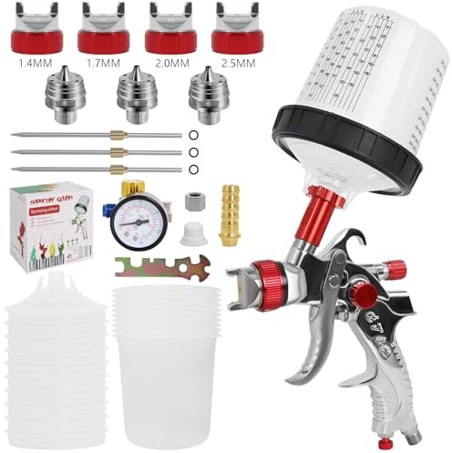 Potufa Pistola de Pintura HVLP con 4 Boquillas (1.4/1.7/2.0/2.5 mm), Pulverizadora Profesional por Gravedad con Vaso de Plástico de 600 ml para Compresor de Aire – Rojo