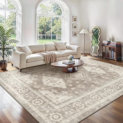 GENIMO Großer Boho Vintage Wohnzimmer Teppich, Waschbar & rutschfest, Kurzflor Teppich für Wohnzimmer, Esszimmer oder Büro, Stilvoller Carpet, Mandel Beige Braun, 200x290 cm