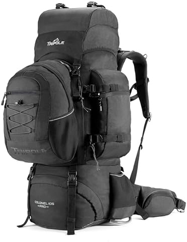Tripole Colonel Pro Sac à Dos 105L Voyage & Randonnée avec Sac de Jour Amovible 15L – Pour Femmes et Hommes, Sac à Dos Étanche avec Cadre Interne et Housse de Pluie, Camping & Trekking – Noir
