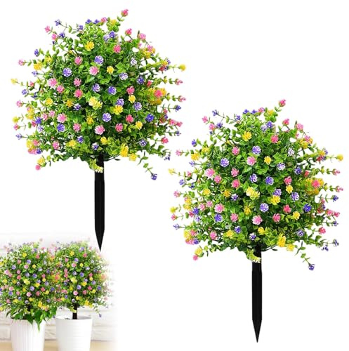 Artificial Spherical Boxwood Trees with Flowers, Outdoor Fake Plants with Ground Spike, Faux Greenery Shrubs Faux Plants for Front Door, Garden, Yard, Patio & Porch Decor (Colourful,2pcs)