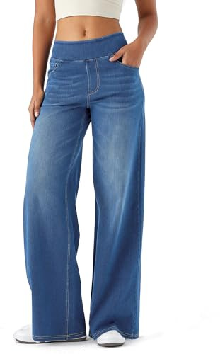 LaiEr Pantalon en Denim à Jambe Large pour Femmes, Taille Haute, Jambe Droite, Coupe Ample, Jeans décontractés très Extensibles pour Le Yoga, Le Fitness, Les Sports décontractés.Bleu Moyen,XXL