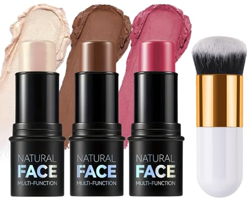 3 in 1 Contour Highlighter Blush Sticks Makeup Set with Brush,Cream Bronzer & Blush Stick Kit for Cheeks, Eyes, Lips, Waterproof & Oil-Control, Makeup Gift Sets for Women,Contour Highlighter Stick