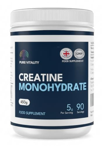 Pure Vitality | Creatine Monohydrate Powder - 450g - Easy Dissolve Creatine Powder, Unflavoured & Micronised | Vegan Creatine for Women and Men | Made in THE UK | Scoop Included