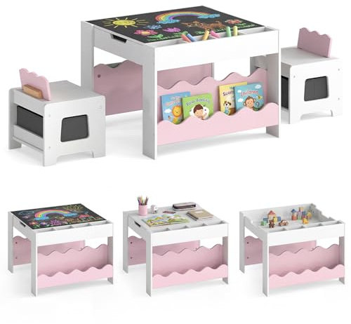 COSTWAY Juego de Mesa y 2 Sillas para Niños, Mesa de Actividad con Tablero Reversible, Pizarra, Estantes, Compartimentos, Cajones de Tela, Muebles de Madera Infantiles para 3+ Años