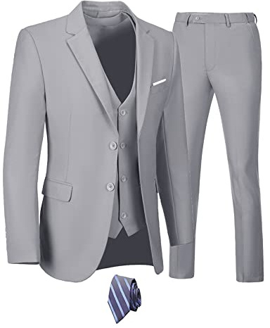 Casual 3 Pieces Suits for Men,Two Button Men Suits Slim Fit Suit Set, Solid Business Jacket Vest Pants with Tie for Prom Wedding Gray-M