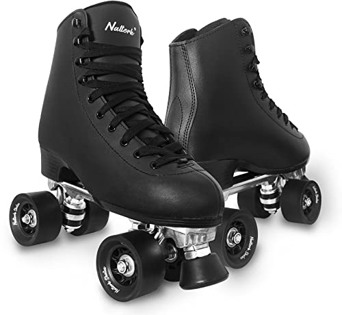 Roller Skates for Women with PU Leather High-top Double Row Rollerskates, Unisex-Adult Indoor Outdoor Black Derby Skate Size 13 with Adjustable Fast Braking for Beginner