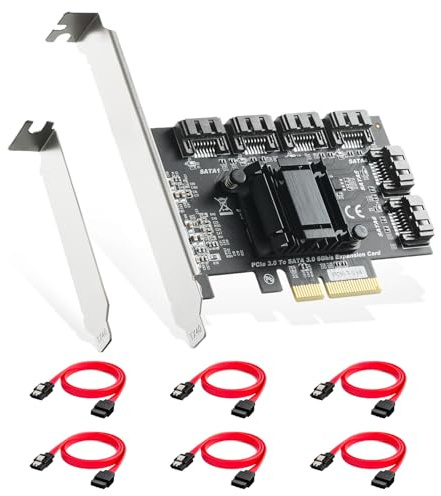 Binardat PCIE X4 zu SATA Karte 6 Port, 6Gbps SATA 3.0 Controller, inkl. 6 SATA Kabel und Low Profile Halterung, für Windows 10/11