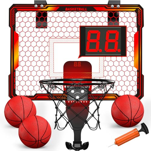 HYES Basketball Hoop Indoor, Mini Basketball Hoop with 7 LED Lighting, Mini Hoop with 3 Modes, Over Door Basketball Hoop with Scoreboard, Basketball Toys for Kids, Adults (Red), 988-826A