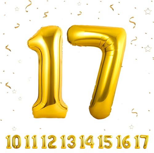 Palloncini di compleanno palloncino Numero 17 Oro, 101 cm, Grandi Numeri, Decorazione Gigante, Per Bambini e Adulti