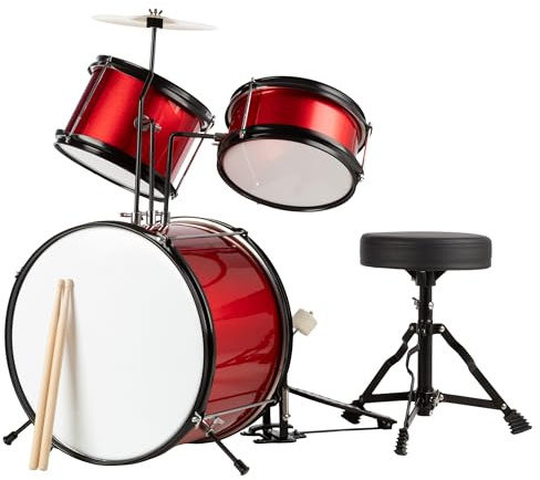 Hey Play Kids Drum Set - 3-Piece Drum Kit with Cymbal, 2 Toms, Bass Drum and Pedal, Drumsticks, and Drum Throne - Beginner Musical InstrumentsHey Play (Red)