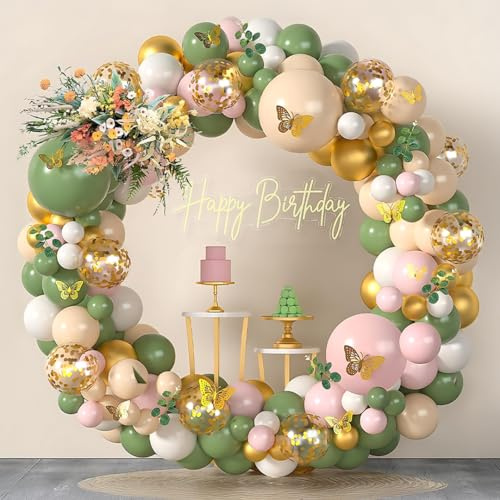 REAL DECO Ballongbåge Set Grön Rosa Vit Guld med Fjärilar 3D – 153 Ballonger med Guldkonfetti för Födelsedag Baby Shower Bröllop Dop Boho Fest Dekoration