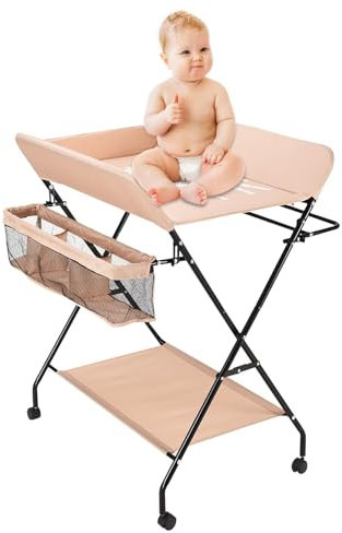 Table a Langer Bebe avec Ceinture Sécurité, Porte-serviettes, Panier Rangement Latéral et Séparateurs Pliable Commode a Langer Bebe pour 0-12mois, pour Changement Vêtements et Couches