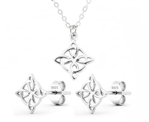 Only faith Collar y Pendientes Nudo de Bruja Minimalista con Caja de Regalo, Conjunto de Joyería Celta, Plata de Ley 925, cadena de 45 cm, 1 cm. Dorado y Plateado (Nudo de Bruja Plateado)