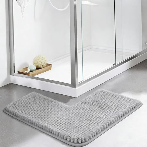 RONGJUKD Corner Shower Mat, L-Shaped Chenille Bath Mat, Non-Slip Absorbent Carpet for Corner Showers & Tubs, Machine Washable Grey Bathroom Rug, Home Spa Toilet Floor Mat (Chenille-Grey)