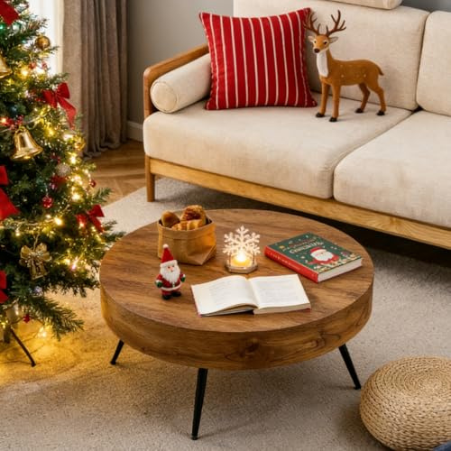 JUFU Couchtisch rund Holz, Wohnzimmertisch mit Metallbeine und Tischplatte aus MDF, Tisch für Wohnzimmer & Schlafzimmer Industriestil (Rustikal-Braun)