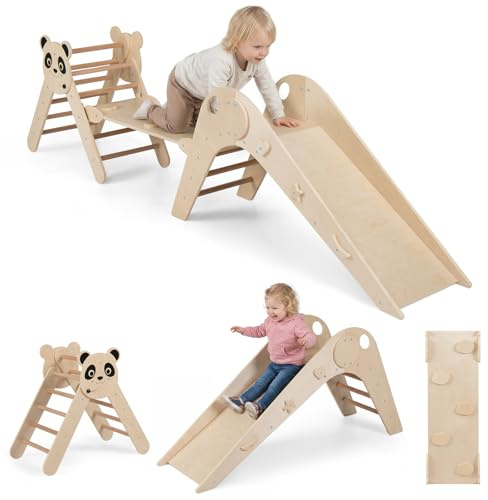 COSTWAY Klättertrianglar för inomhusbruk, set med 3 vikbar, klättertriangel med rutschkana, ramp, klätterstege, inkl. byggstensset, klätterställning trä, ribbstängare för barn från 3 år (natur)