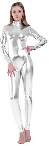 Kepblom Shiny Metallic Unitard Turtleneck Long Sleeve Footless Zentai Suit Catsuit Dancewear
