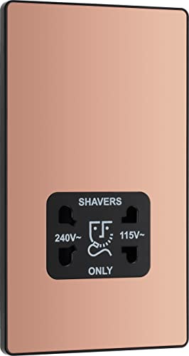 BG Electrical Dual Voltage Shaver Plug Socket, Electric Toothbrush Charger Socket for Bathrooms, Screwless Front Plate, Round Edges, Evolve, 2-Pin, Polished Copper, 115V / 240V, PCDCP20B
