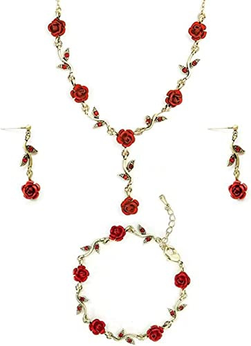 3pcs Collar De Rosas/Pulsera/Conjunto de Joyas de Pendientes Oro de 18k Rosa Roja Flores Juegos de Joyas para Mujer Niña Boda Novia y Dama de Honor