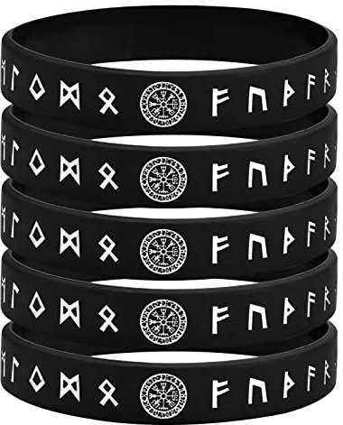 FLHEART 5 Stück Schwarz Nordisches Wikinger Runen Armband Armreif für Männer Frauen, Wasserdichtes Gummiband Komfortable Passform, Viking Geschenke