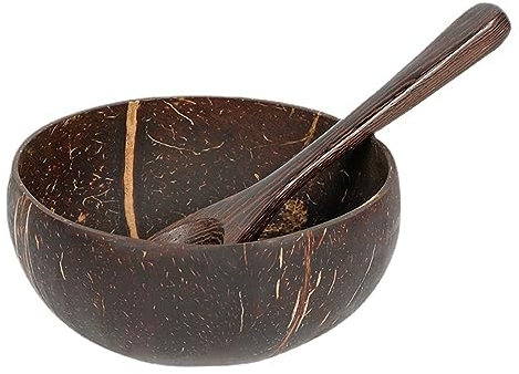 kiskick Ciotole di cocco, ciotole in cocco lucido e cucchiaio in legno, grande capacità, contenitore per alimenti duri per uso alimentare, con cucchiaio, frutta, noci, insalata, guscio di cocco,