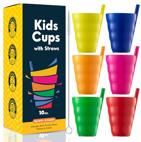 Kinder-Trinkbecher mit Strohhalmen - (Set von 6) 10-Unzen-Becher für Kinder mit eingebauten Strohhalmen für den täglichen Gebrauch, stapelbare BPA-freie Kunststoff-Trinkbecher für Wasser, Saft