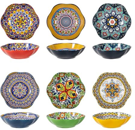 HENXFEN LEAD Porcelain Salad Bowl, 590ml Dessert Bowl Cereal Bowl, Multifunctional Flower Shaped Pasta Bowl for Ice Cream, Rice, Dessert, etc. Colourful, Pack of 6 - Bohemian Style