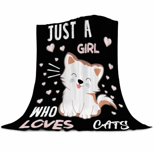 Coperta con gatto carino, ultra morbida, calda, accogliente, leggera, in flanella, pelosa, per divano, biancheria da letto, tutte le stagioni, con scritta Just a Girl Who Loves Cats, 100 x 130 cm