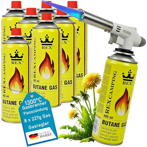 Gasbrenner mit 8x Kartusche 227g – Schweißbrenner max. 1300°C Temperatur – Butangasbrenner Piezozündung – Bunsenbrenner Küche BBQ Dessert Kochen - Küchenbrenner