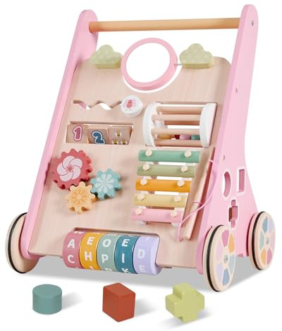 11-in-1 Montessori Baby Walker Toddlers Push Walker Wooden Activity Center Gift for 1 Year Old Boys Girls, Adjustable Speed & Quiet Wheels Learning to Walk Sensory Toys Baby Sit-to-Stand Walking Toys