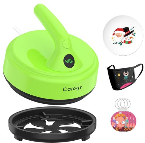 Calogy Mini Prensa de Caliente, Máquina de Transferencia, Trazador, Temperatura máxima de 210 ℃, Diámetro de 16,7 cm, Pequeña Prensa de Planchar para Camisetas, Ropa para Mascotas, Vajilla (Verde)