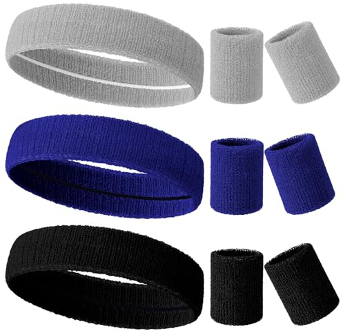 Meng Jiaran 9Pcs Sweatband with Wristbands Set, Protective Sports Headbands Sweat Bands Absorbent Sweatbands for Gym Sports 80s Headband for Tennis Basketball Running Exercise, Black, Blue, Grey