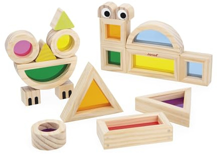 Janod Blocco di Montaggio in Legno, Gioco di risveglio sensoriale, 18 Blocchi e 6 schede Modello, Apprendimento di Forme e Colori, Sviluppa la motricità fine, Giocattolo in Legno, da 12 Mesi