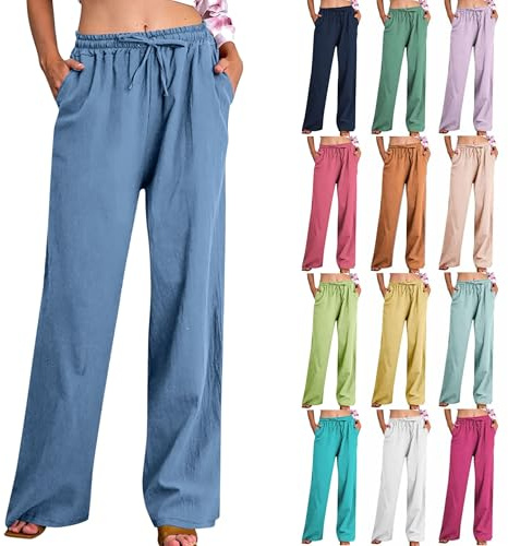 RLEHJN Pantalon Lin Femme Été Décontracté Pantalon Fluide Femme Été Pantalons Large En Coton Chanvre Confortable Ample Elastique Taille Haute Pant Léger Unie Avec Poches Pantalons Coton Lin Pour Plage